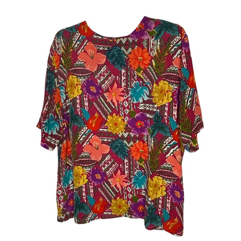 Christie & Jill 100% Silk Boxy Tropical Multi Color Floral Short Sleeve Top XL